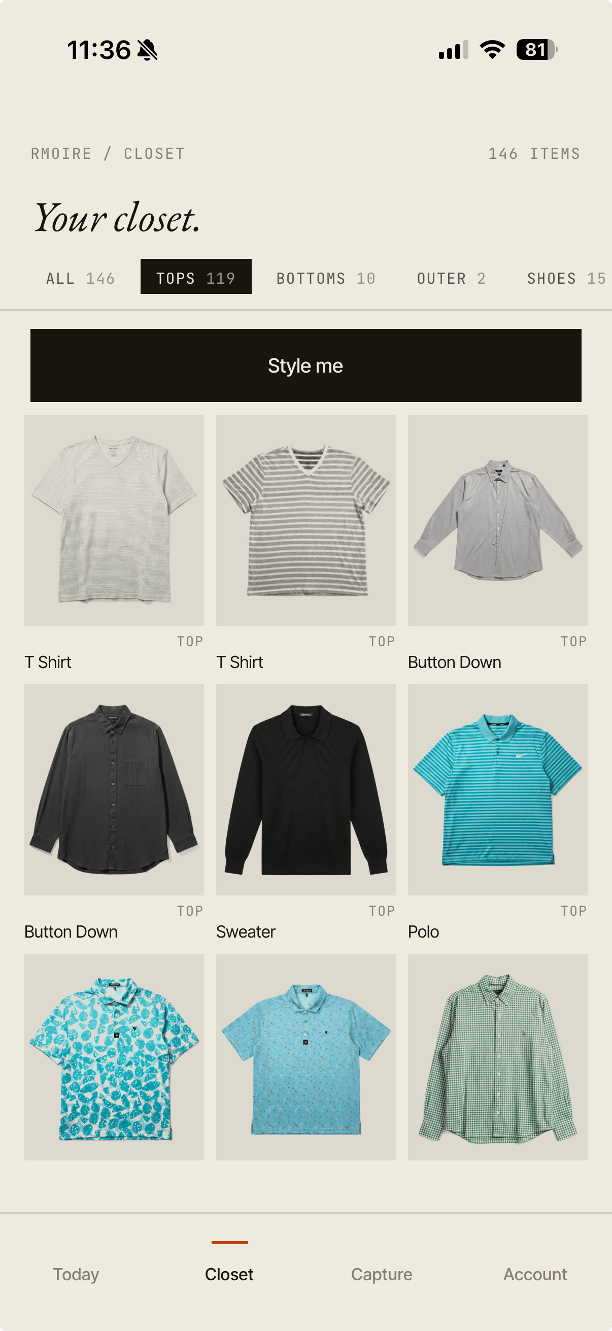 RMOIRE app — Your closet screen, showing items across categories